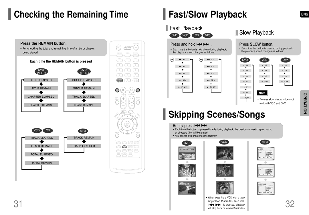 Samsung AH68-01663S Checking the Remaining Time Fast/Slow Playback, Skipping Scenes/Songs, Press the Remain button 