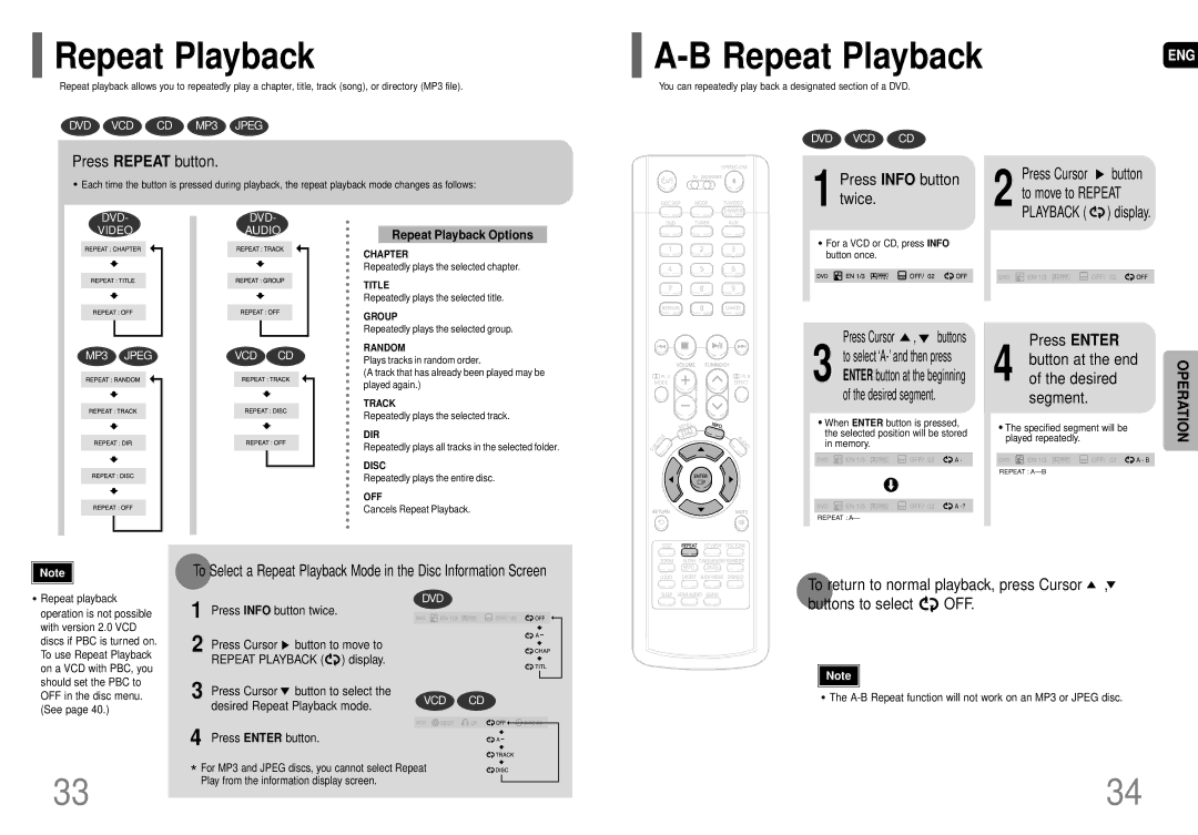 Samsung AH68-01663S Repeat Playback, Press Repeat button, Press Info button twice Press Cursor button, Press Enter 