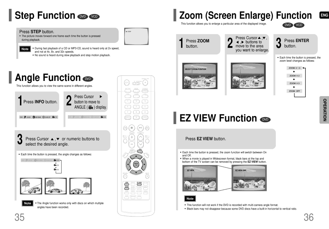 Samsung AH68-01663S instruction manual Step Function DVD VCD, Angle Function DVD, EZ View Function DVD 