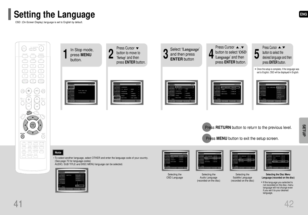 Samsung AH68-01663S Setting the Language, Stop mode Press Cursor, Button to move to Press Menu Then press ‘Setup’ and then 