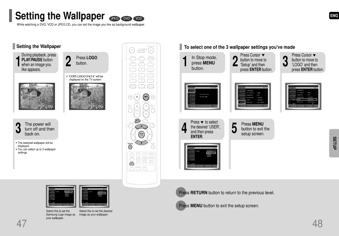 Samsung AH68-01663S Setting the Wallpaper Jpeg DVD VCD, Stop mode Press Cursor Button to move to, Press to select 