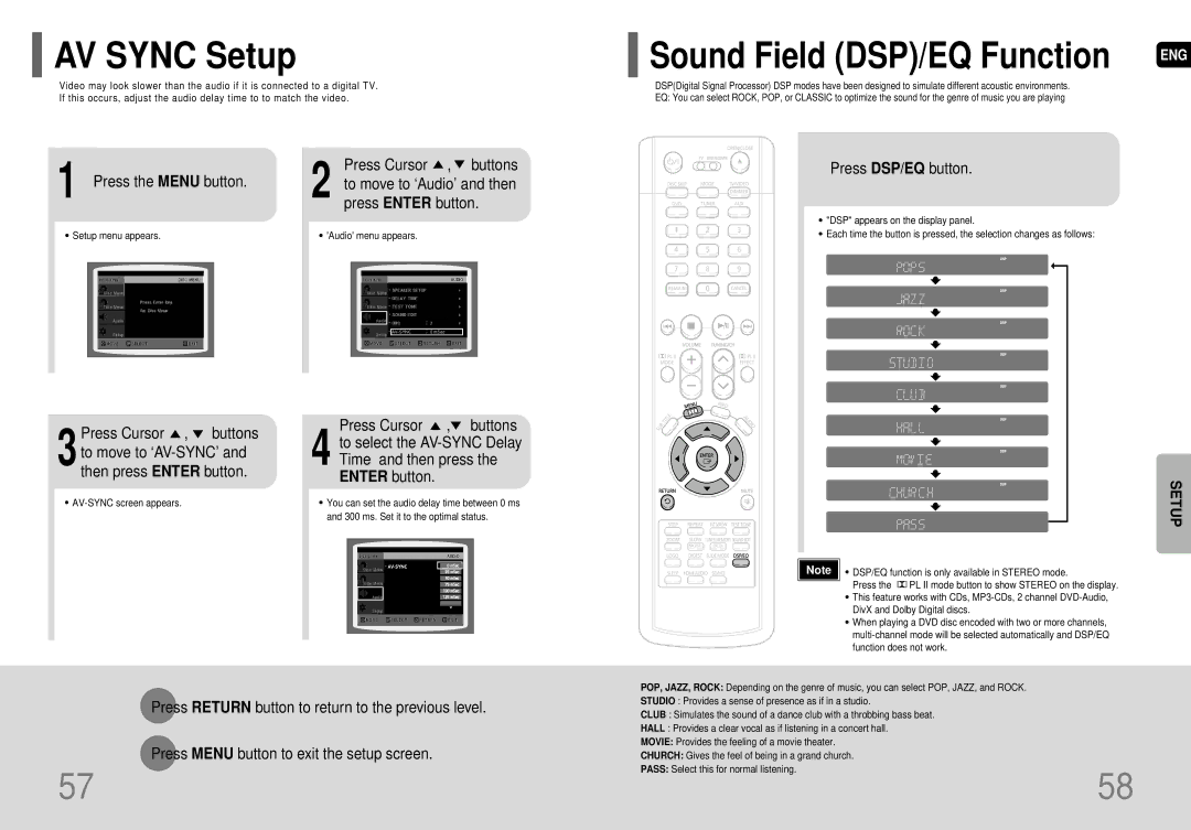 Samsung AH68-01663S instruction manual AV Sync Setup, Press the Menu button, Press Cursor , buttons, Press DSP/EQ button 