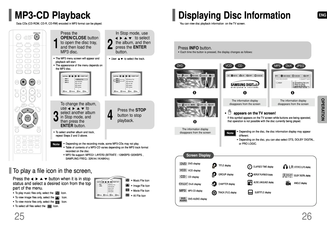 Samsung AH68-01663S MP3-CDPlayback, Displaying Disc Information, To play a file icon in the screen, OPEN/CLOSE button 