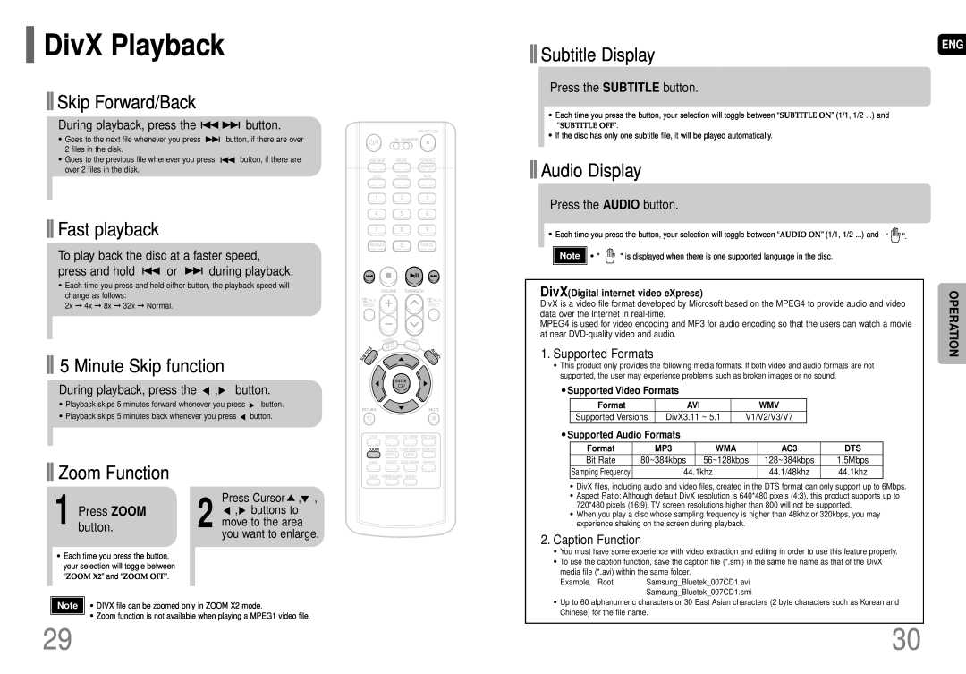 Samsung AH68-01663S DivX Playback, Subtitle Display, Skip Forward/Back, Fast playback, Minute Skip function, Audio Display 