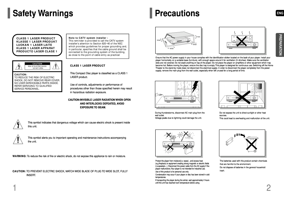 Samsung AH68-01663S instruction manual Safety Warnings, PrecautionsENG, Preparation, CLASS 1 LASER PRODUCT 