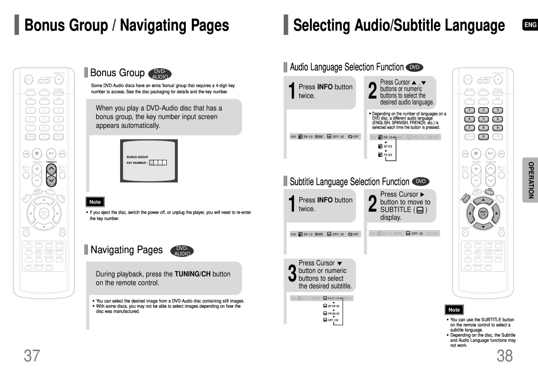 Samsung AH68-01663S Bonus Group / Navigating Pages, Bonus Group DVD, Audio Language Selection Function DVD, Operation 