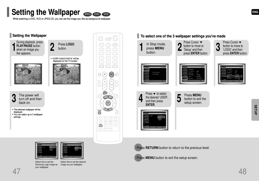 Samsung AH68-01663S instruction manual Setting the Wallpaper JPEG DVD VCD, Enter 