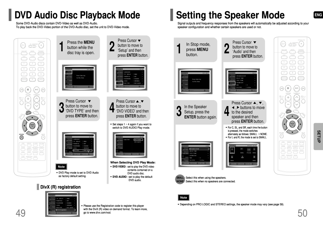 Samsung AH68-01663S DVD Audio Disc Playback Mode, Setting the Speaker Mode, Press the MENU, Press Cursor, button while the 