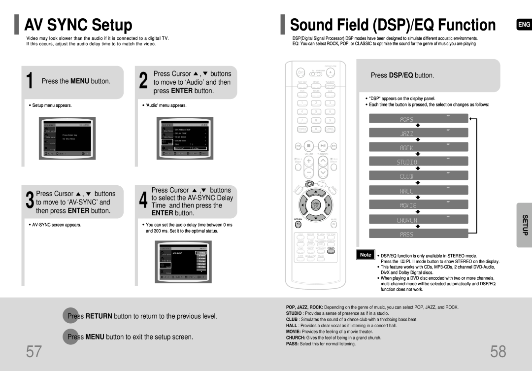 Samsung AH68-01663S AV SYNC Setup, Sound Field DSP/EQ Function, Press the MENU button, Press Cursor , buttons 