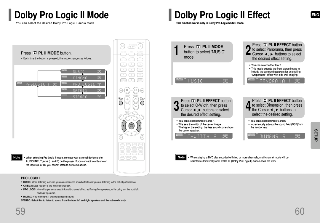 Samsung AH68-01663S Dolby Pro Logic II Mode, Dolby Pro Logic II Effect, Press PL II MODE button, mode, Setup 