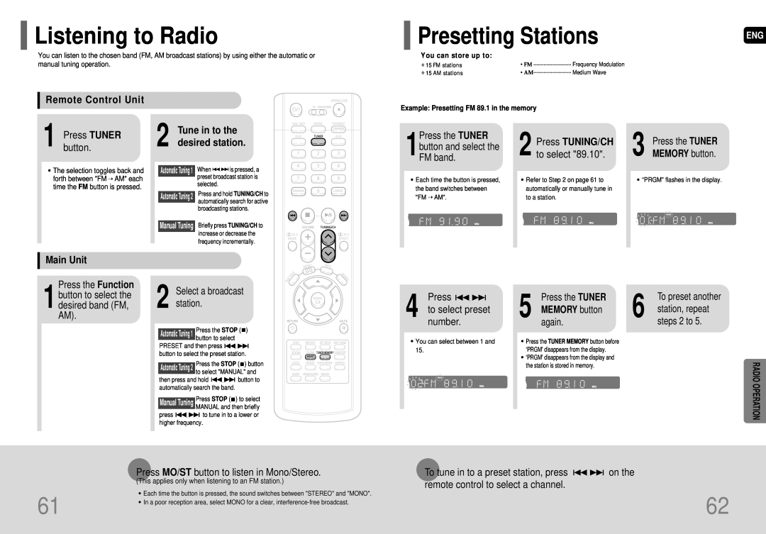 Samsung AH68-01663S Listening to Radio, Presetting Stations, Remote Control Unit, Press TUNING/CH, Main Unit 