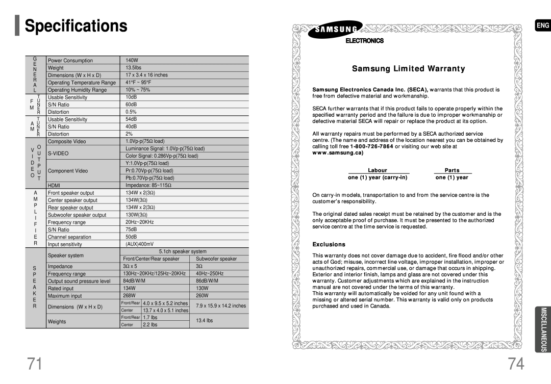 Samsung AH68-01663S Specifications, Samsung Limited Warranty, Exclusions, Labour, Parts, one 1 year carry-in 