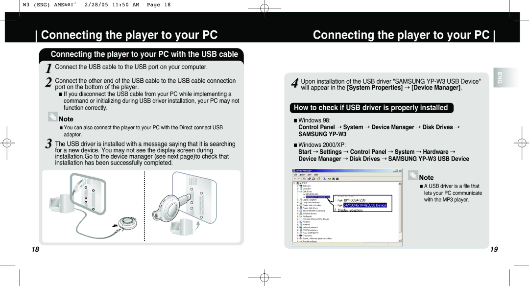 Samsung AH68-01669B manual Connecting the player to your PC with the USB cable, Windows 2000/XP 