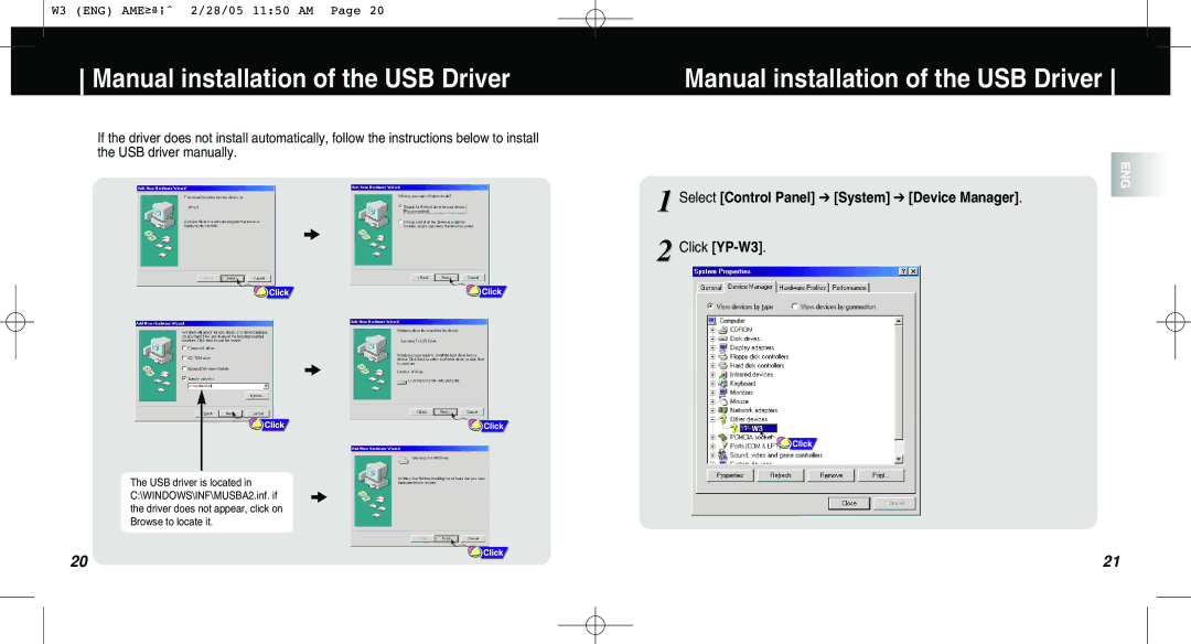 Samsung AH68-01669B manual Manual installation of the USB Driver, Select Control Panel System Device Manager, Click YP-W3 