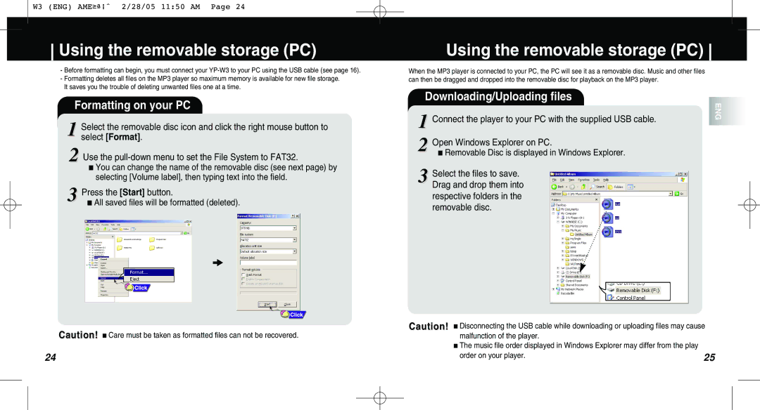 Samsung AH68-01669B manual Using the removable storage PC, Formatting on your PC, Downloading/Uploading files 