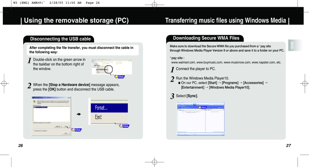 Samsung AH68-01669B manual Disconnecting the USB cable, Downloading Secure WMA Files, Select Sync 