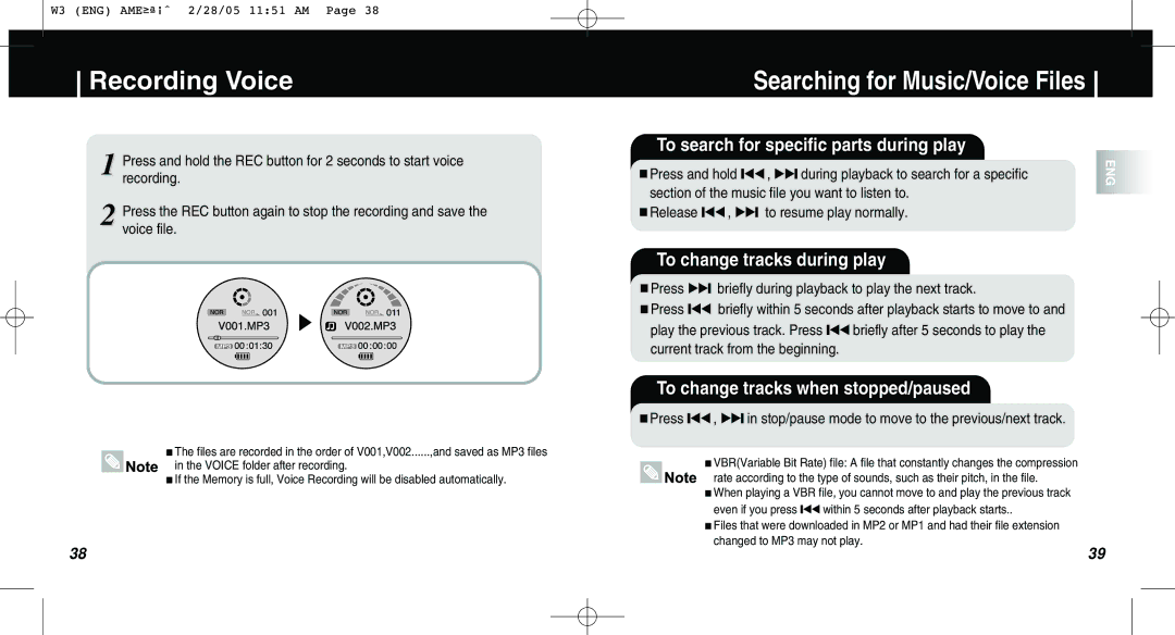 Samsung AH68-01669B manual Recording Voice, Searching for Music/Voice Files, To search for specific parts during play 