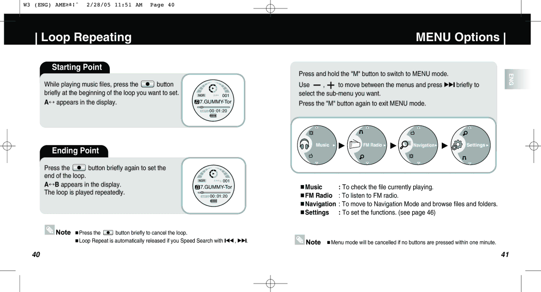 Samsung AH68-01669B manual Loop Repeating, Menu Options, Starting Point, Ending Point, Music 