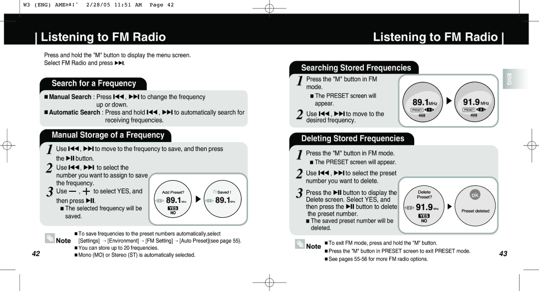 Samsung AH68-01669B manual Listening to FM Radio, Search for a Frequency, Manual Storage of a Frequency 