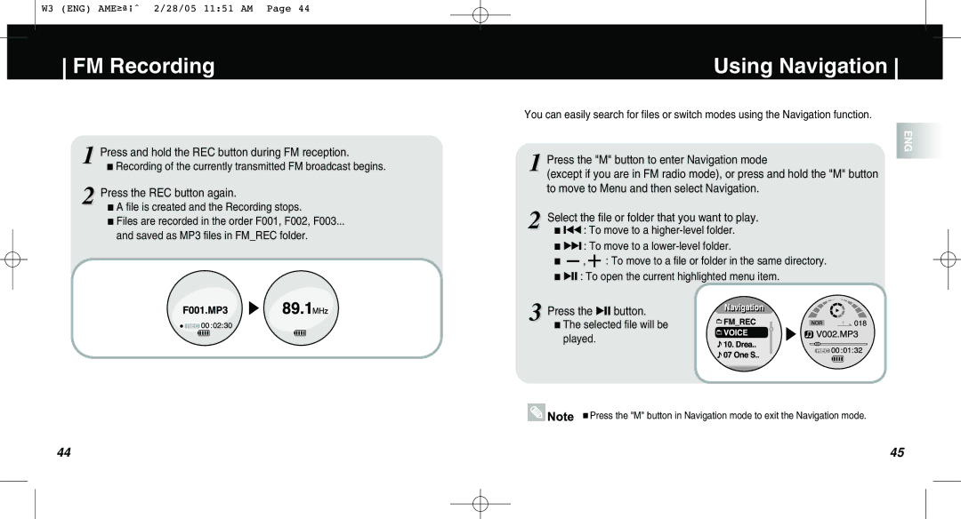 Samsung AH68-01669B FM Recording, Using Navigation, Press and hold the REC button during FM reception, Press the √» button 