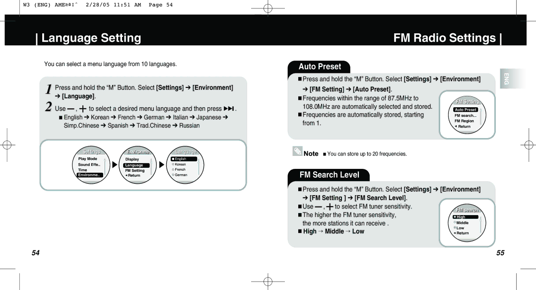 Samsung AH68-01669B manual Language Setting, FM Radio Settings, Auto Preset, FM Search Level 