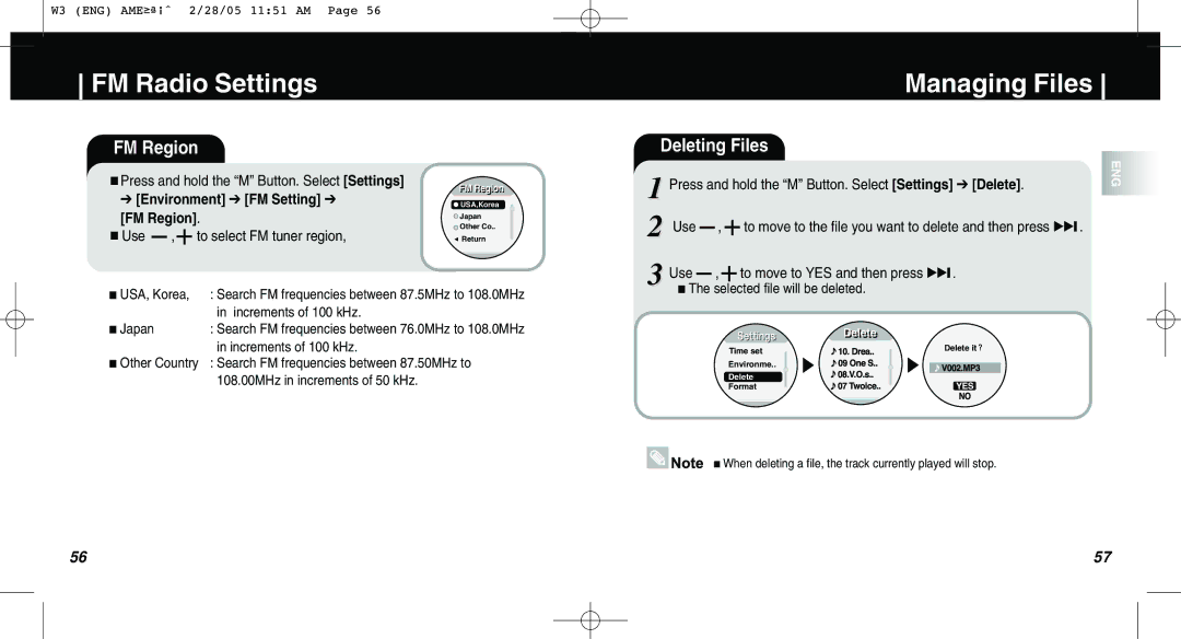 Samsung AH68-01669B manual Managing Files, FM Region, Deleting Files, Environment FM Setting 