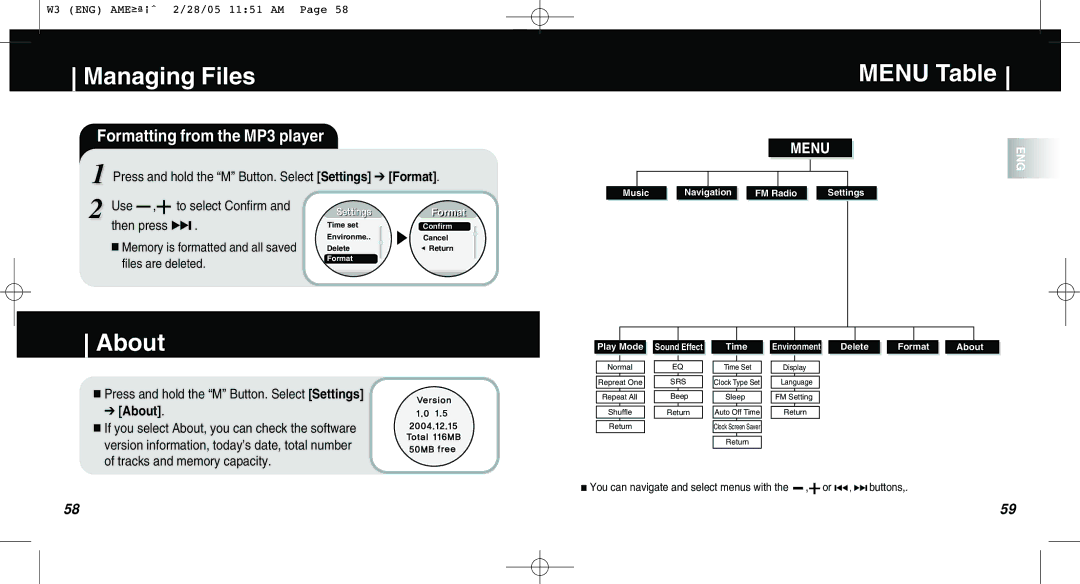 Samsung AH68-01669B manual Menu Table, About, Formatting from the MP3 player 