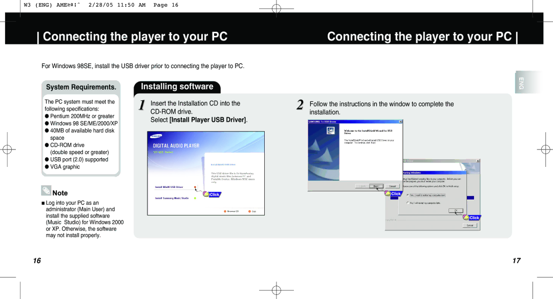 Samsung AH68-01669B manual Connecting the player to your PC, Installing software, System Requirements 