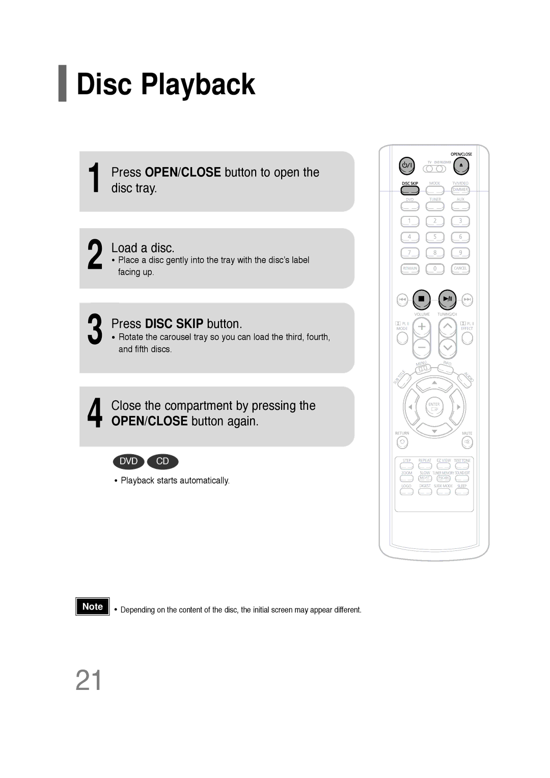 Samsung AH68-01701V manual Disc Playback, Press OPEN/CLOSE button to open the disc tray Load a disc, Press Disc Skip button 