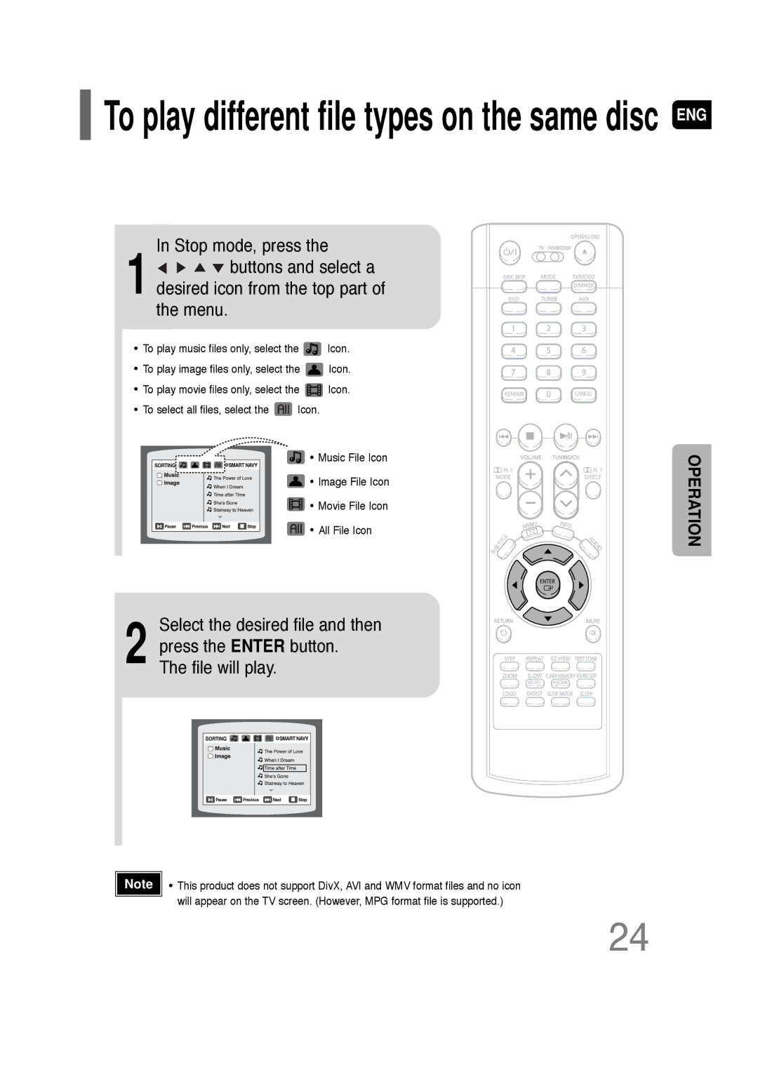 Samsung AH68-01701V manual Stop mode, press, Menu, Select the desired file and then 