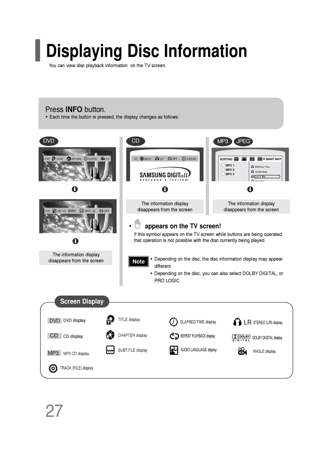 Samsung AH68-01701V manual Displaying Disc Information, Press Info button, Appears on the TV screen 