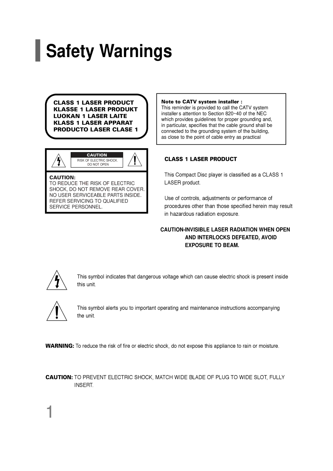 Samsung AH68-01701V manual Safety Warnings, Class 1 Laser Product 