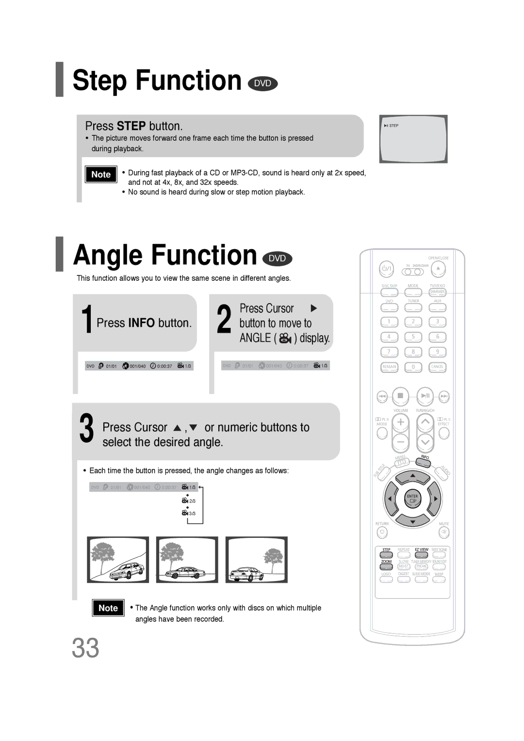 Samsung AH68-01701V manual Step Function DVD, Angle Function DVD, Press Step button, Press Cursor 