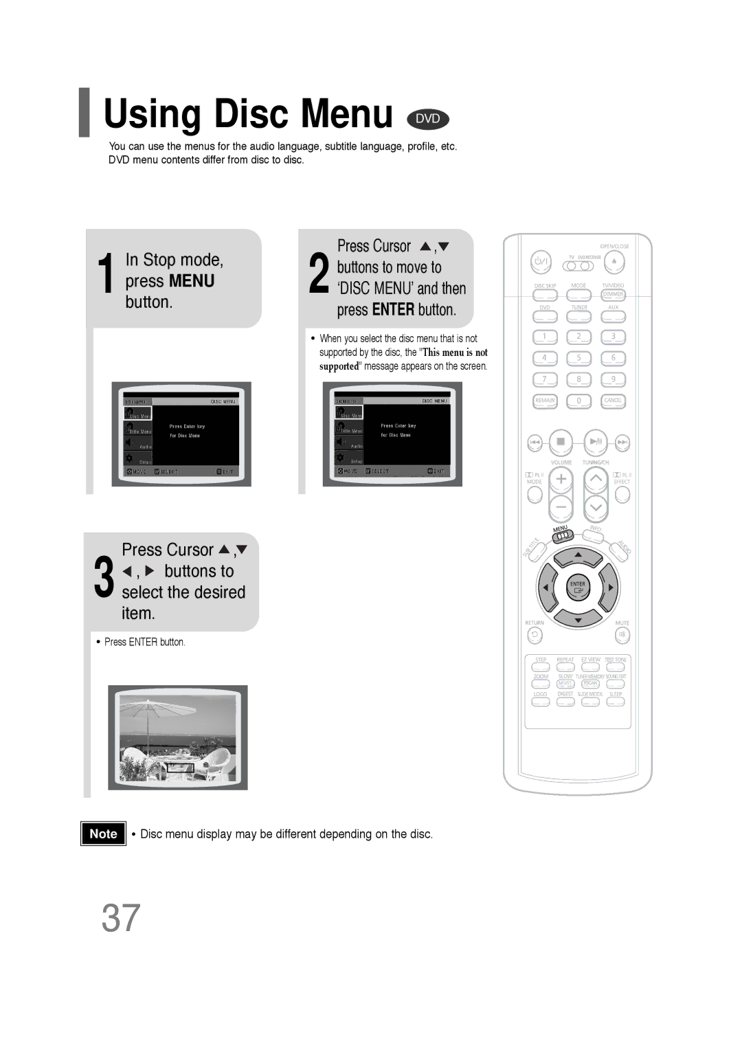 Samsung AH68-01701V manual Using Disc Menu DVD, Select the desired item 