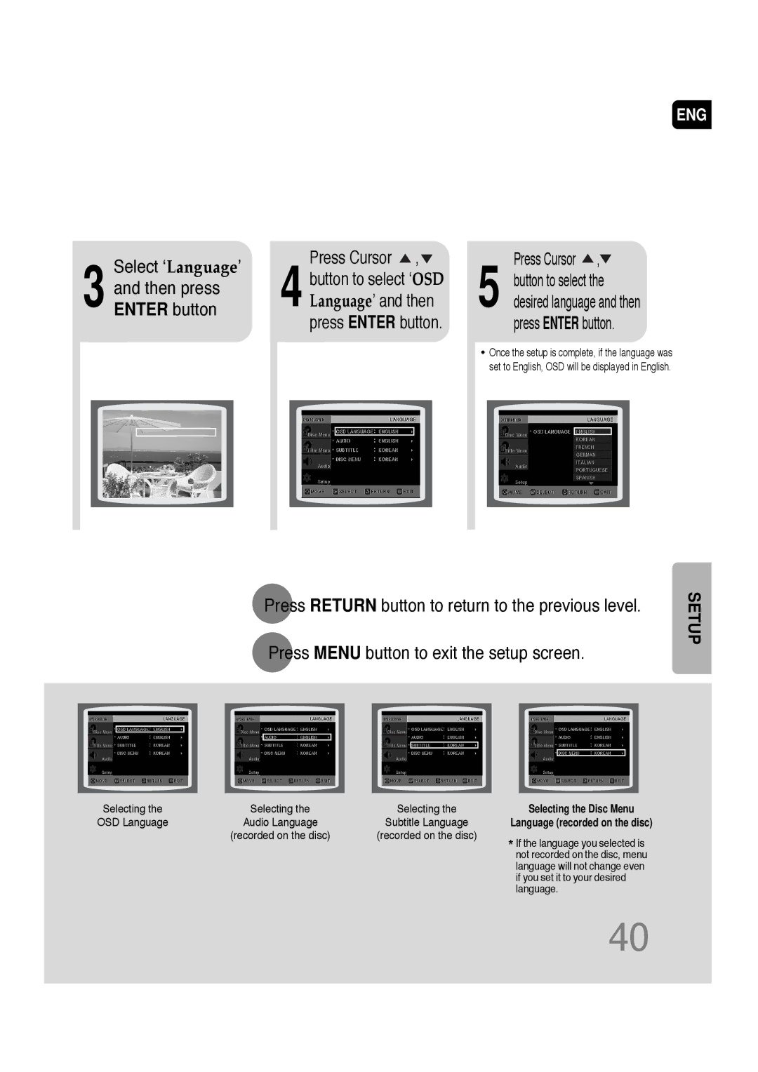 Samsung AH68-01701V manual Select ‘Language’ Press Cursor, 4Language’ and then 