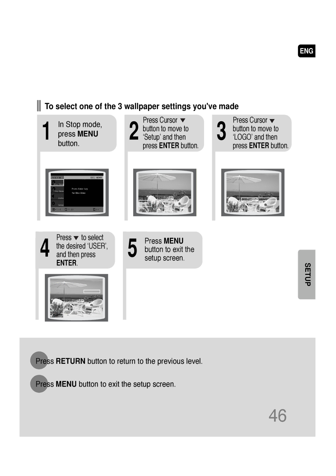 Samsung AH68-01701V manual Stop mode Press Cursor Button to move to, Press Menu ‘Setup’ and then, Then press 