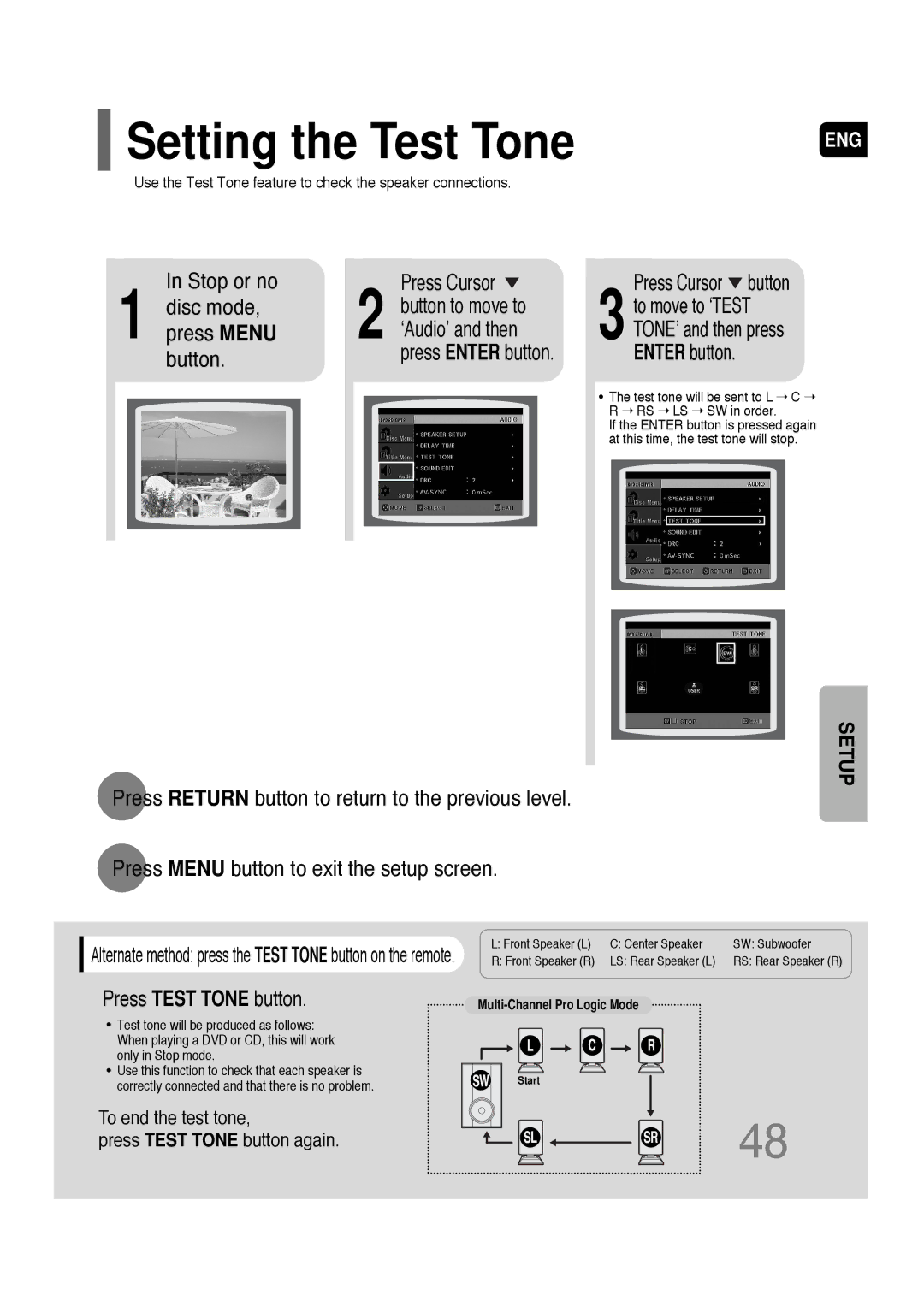 Samsung AH68-01701V Setting the Test Tone, Stop or no Press Cursor, Disc mode Button to move to, Press Test Tone button 