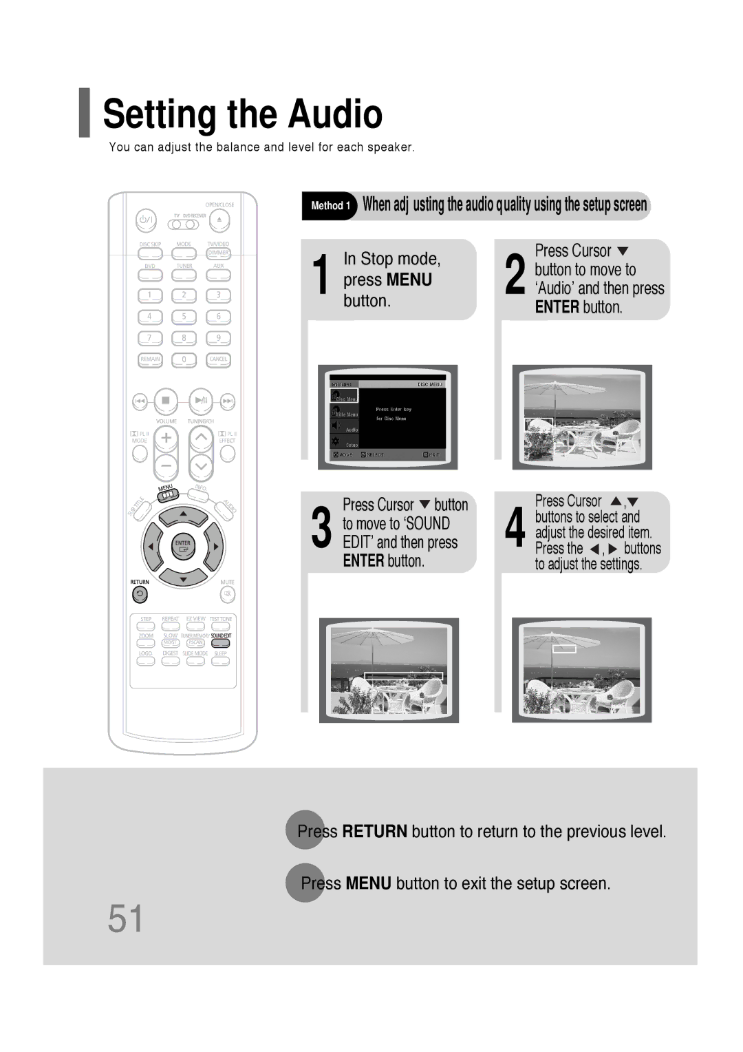 Samsung AH68-01701V manual Setting the Audio, Stop mode Press Cursor 