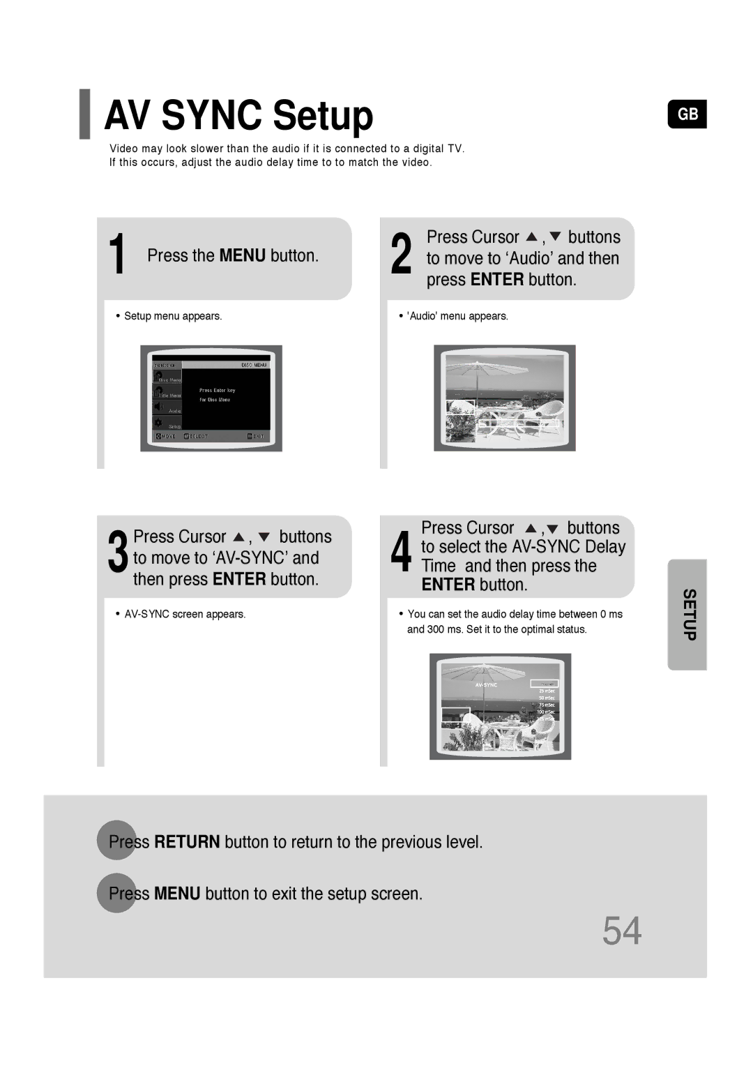 Samsung AH68-01701V manual AV Sync Setup, Press the Menu button, Press Cursor , buttons 