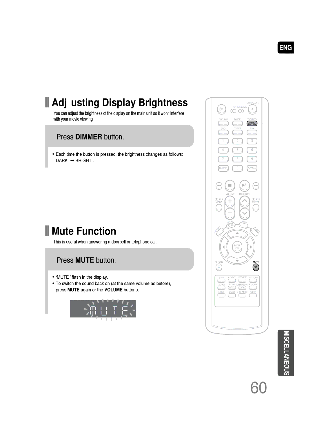 Samsung AH68-01701V manual Press Dimmer button, Press Mute button 