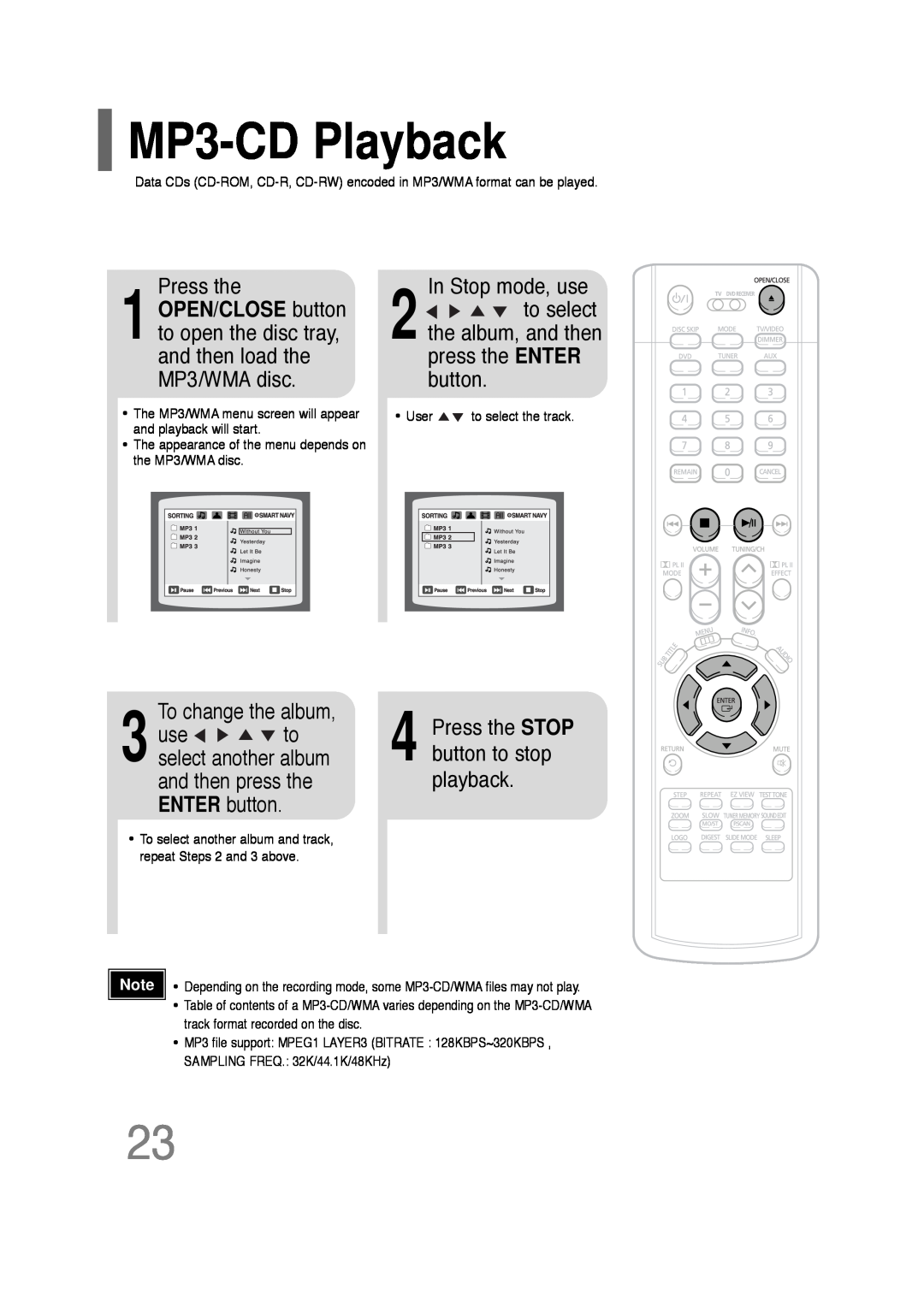 Samsung AH68-01701V manual MP3-CDPlayback, Press the, To change the album, In Stop mode, use 2to select the album, and then 