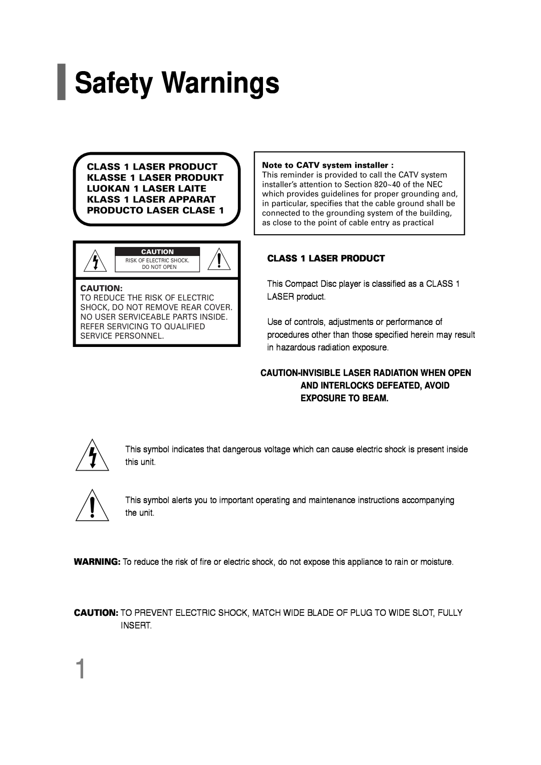 Samsung AH68-01701V manual Safety Warnings, CLASS 1 LASER PRODUCT 
