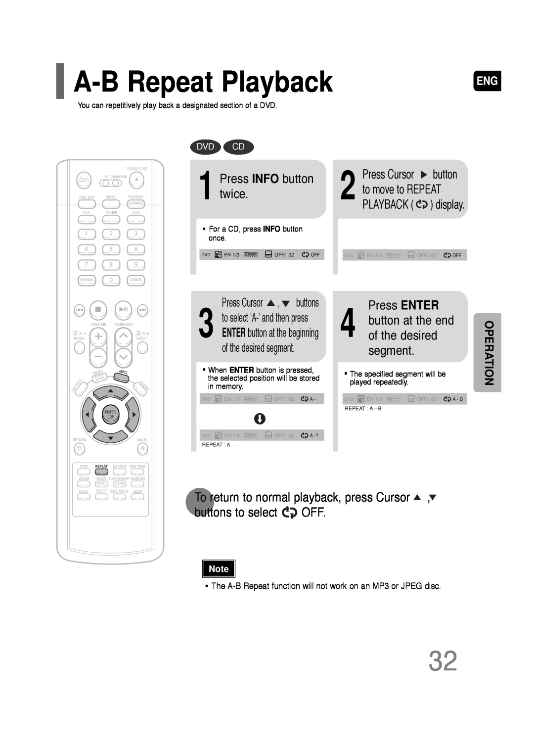 Samsung AH68-01701V A-BRepeat Playback, Press INFO button twice, Press ENTER, button at the end of the desired segment 