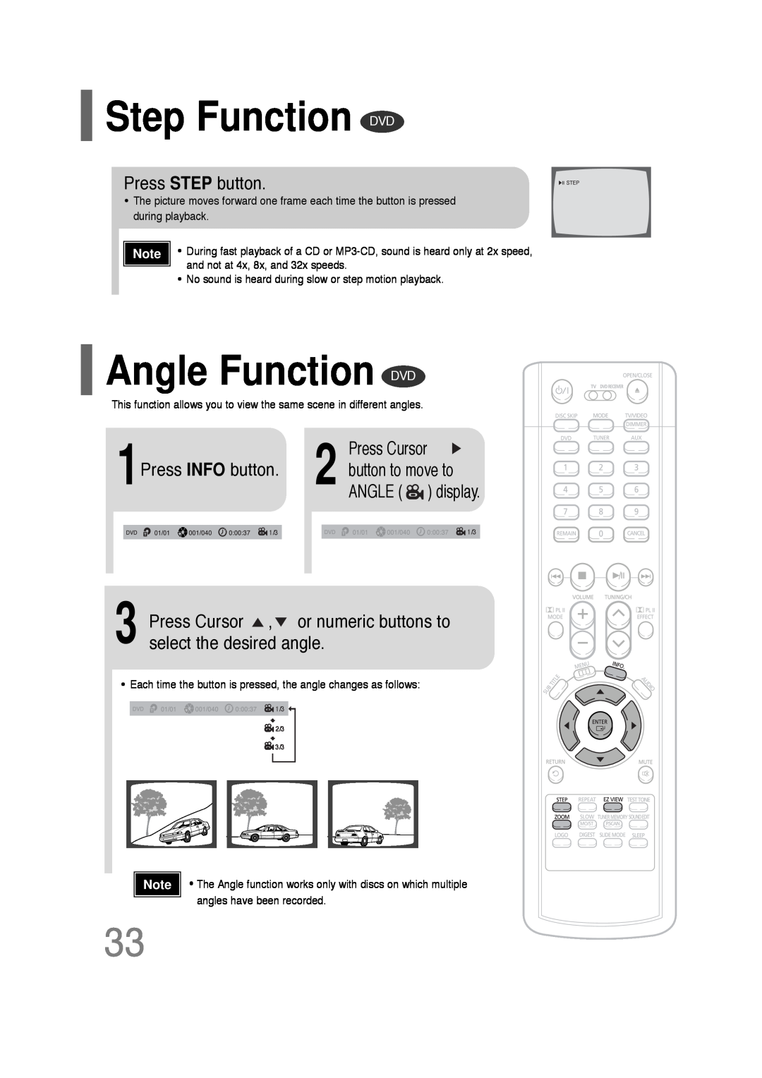 Samsung AH68-01701V manual Step Function DVD, Angle Function DVD, Press STEP button, Press Cursor, Press INFO button 