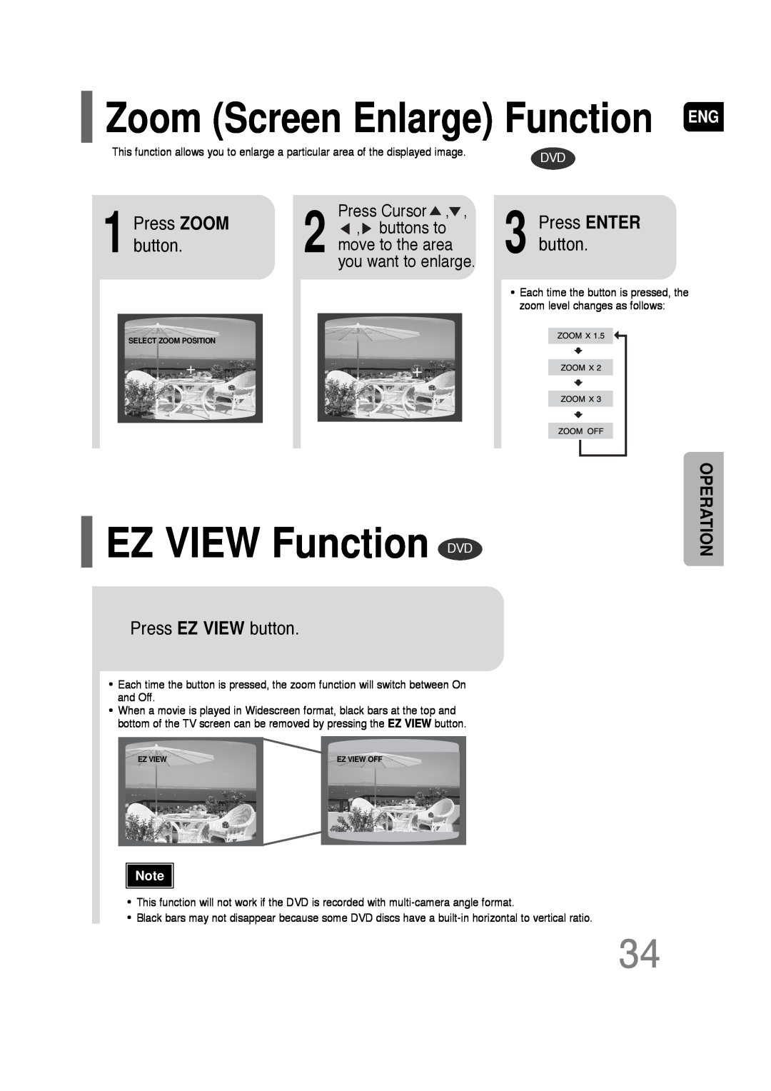 Samsung AH68-01701V manual EZ VIEW Function DVD, Zoom Screen Enlarge Function ENG, Press EZ VIEW button, Press ZOOM button 