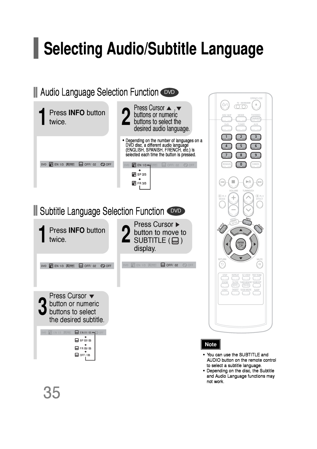 Samsung AH68-01701V Selecting Audio/Subtitle Language, Audio Language Selection Function DVD, 1Press INFO button twice, En 