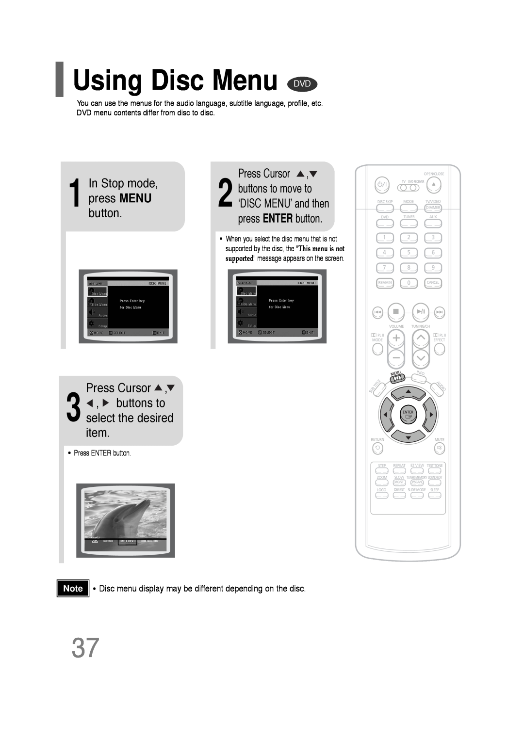 Samsung AH68-01701V manual Using Disc Menu DVD, select the desired item, In Stop mode, press MENU button 