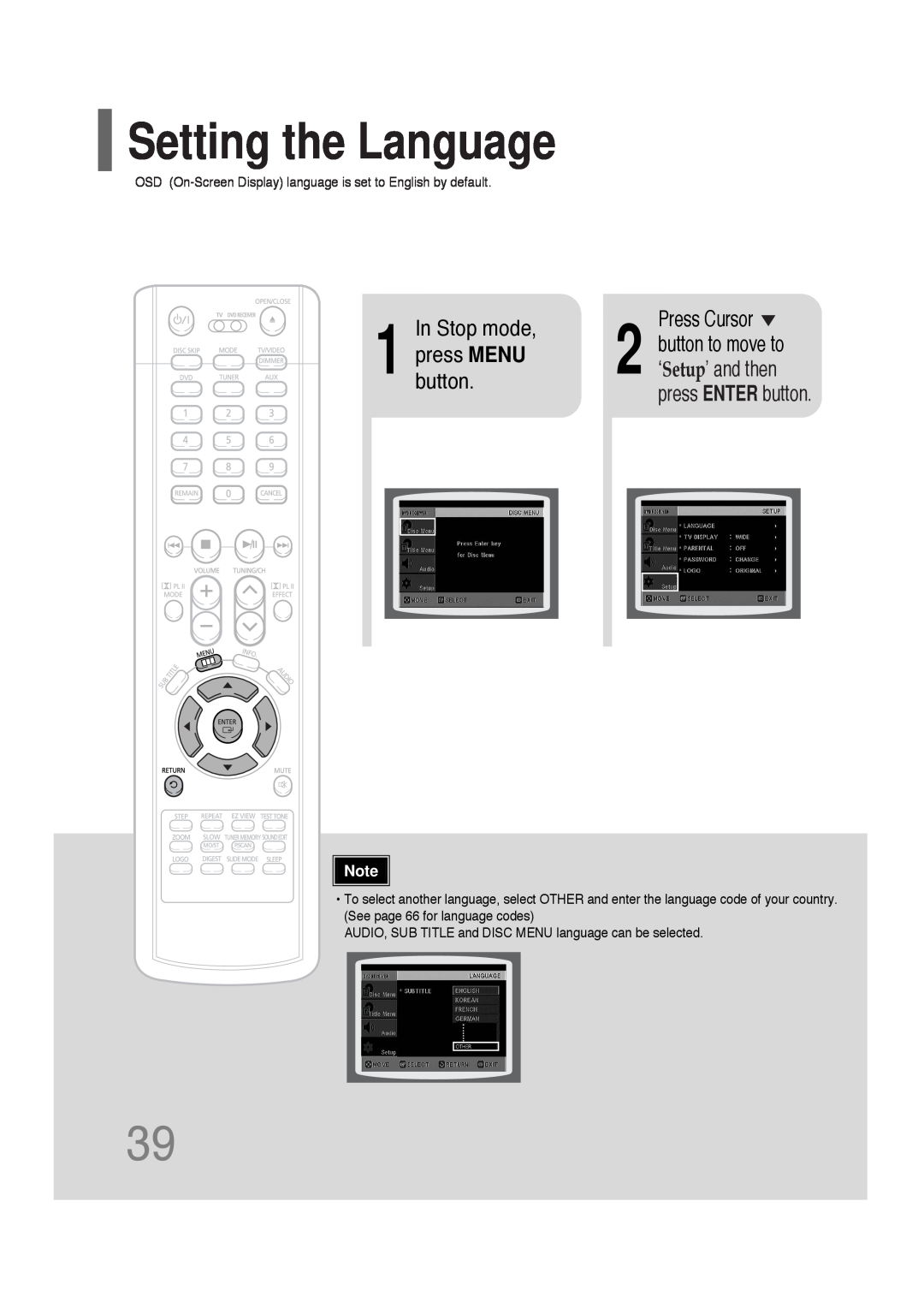 Samsung AH68-01701V Setting the Language, Stop mode, ‘Setup’ and then, button.press MENU, Press Cursor, button to move to 