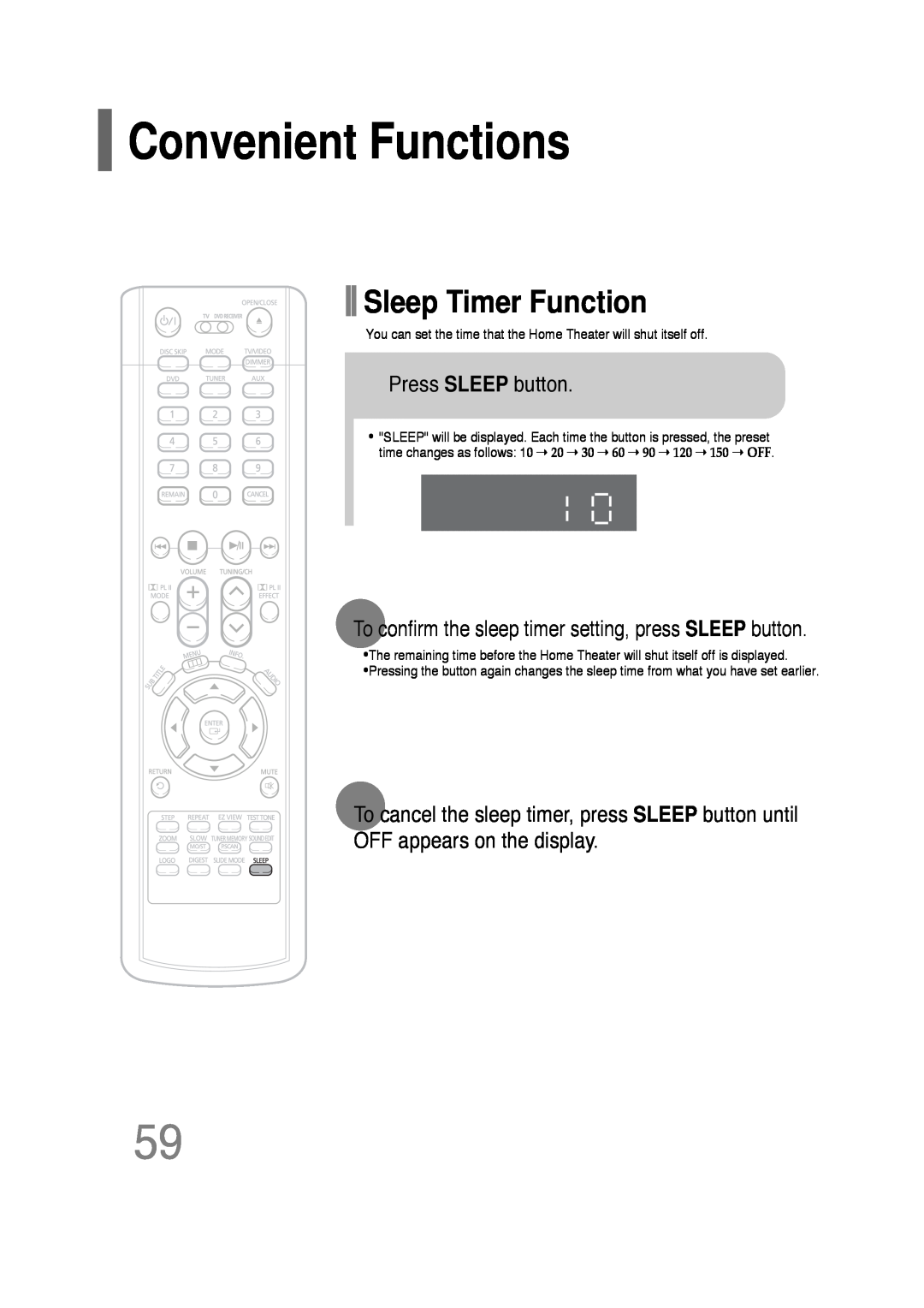 Samsung AH68-01701V manual Convenient Functions, Sleep Timer Function, Press SLEEP button, OFF appears on the display 