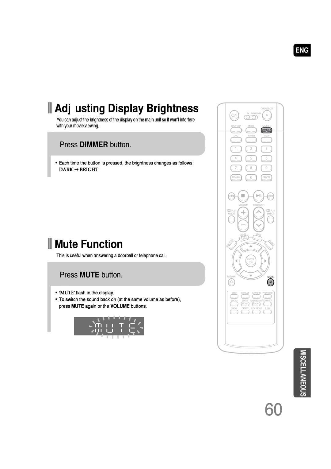 Samsung AH68-01701V Adjusting Display Brightness, Mute Function, Press DIMMER button, Press MUTE button, Miscellaneous 